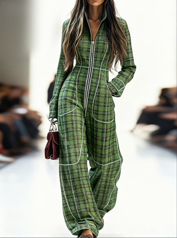 Casual Zippered Long-Sleeve Wide-Leg Jumpsuit