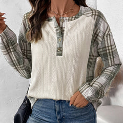 Casual Simple Retro Style Texture Fabric Plaid Stitching Top For Women
