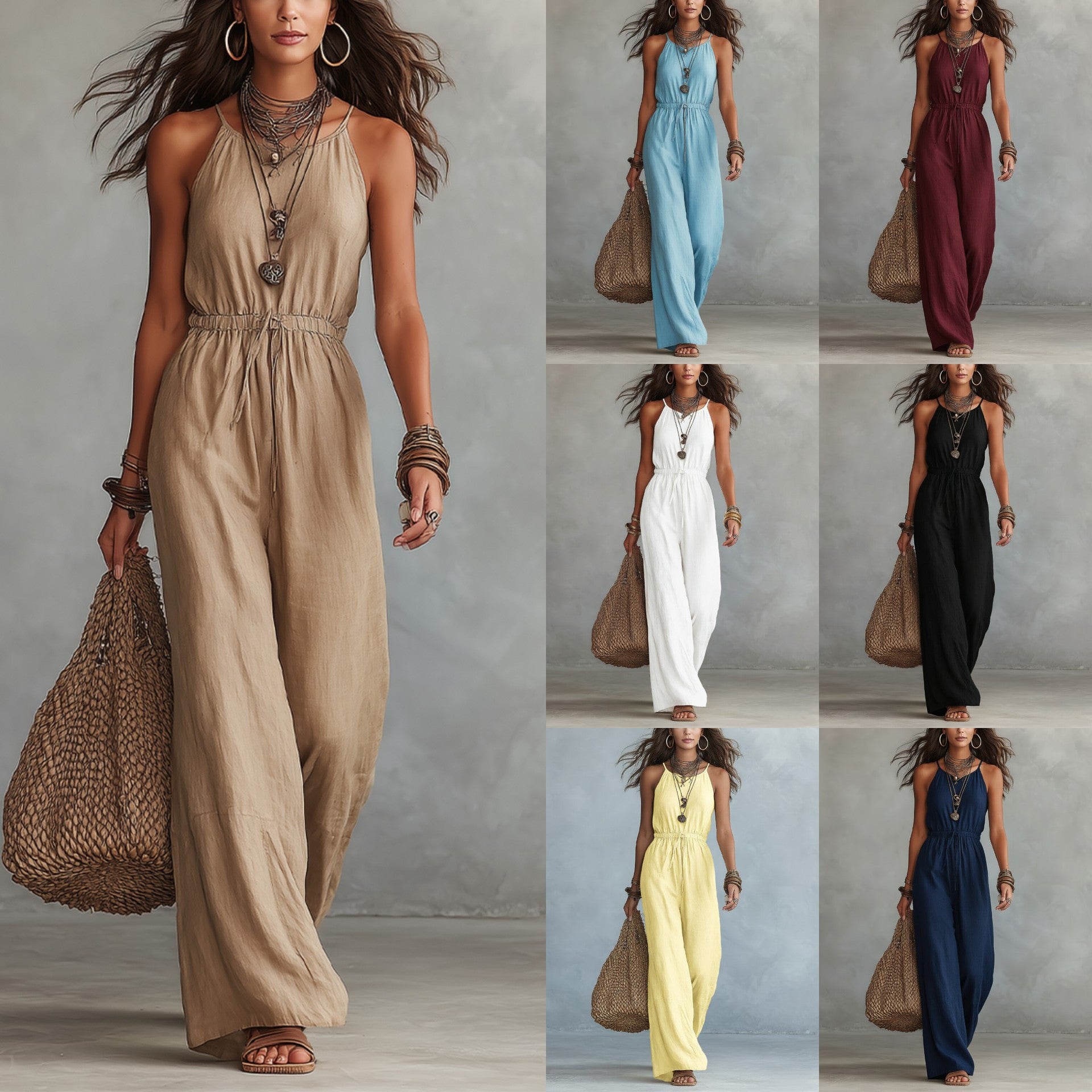 Womens Strap-style Loose-fit Wide-leg Casual Jumpsuit