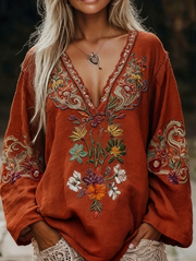 Retro Ethnic Style V-neck Loose Top