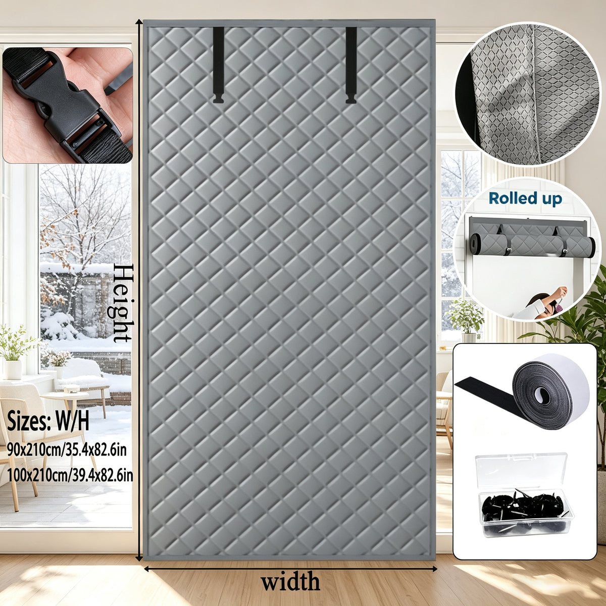 Magnetic Thermal Insulated Door Curtain, Diamond Grid Thick Cotton, Windproof Soundproof Drape, Roll Up Design, Winter Cold Protection