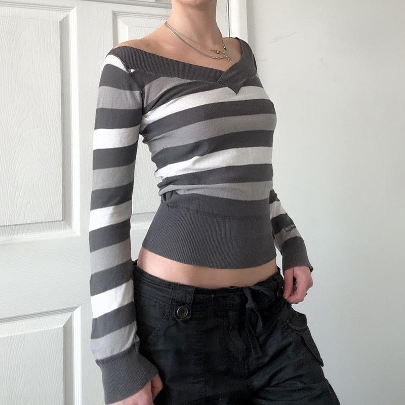 Figure-hugging Long-sleeve Base Sweater with Striped V-neck
