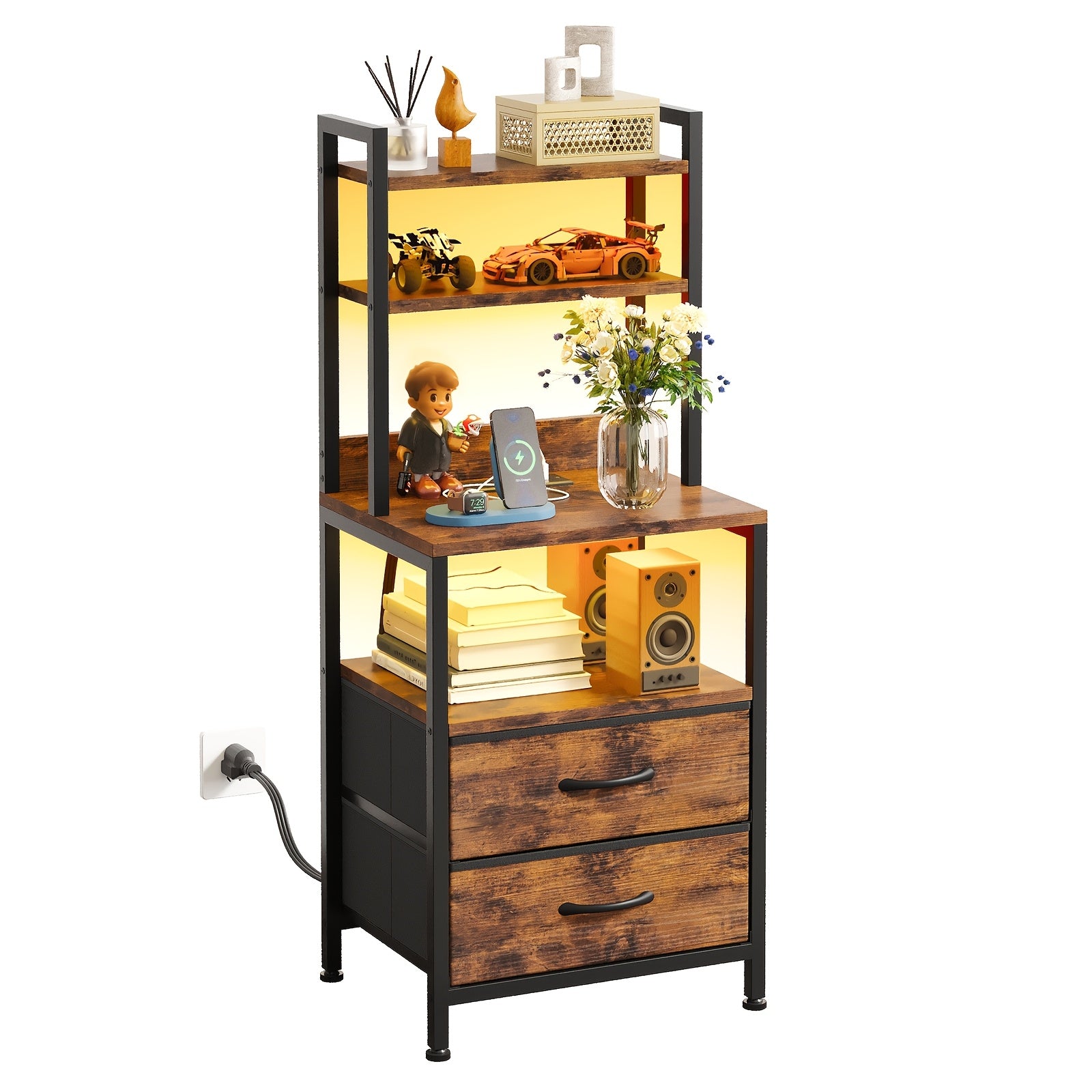 39‑Inch Nightstand with Charging Station, Two Fabric Drawers, LED Light and USB Port – Black