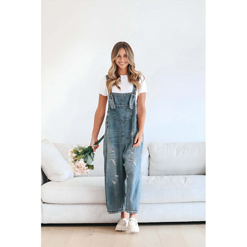 Vintage Distressed Wide-Leg Denim Suspender Pants