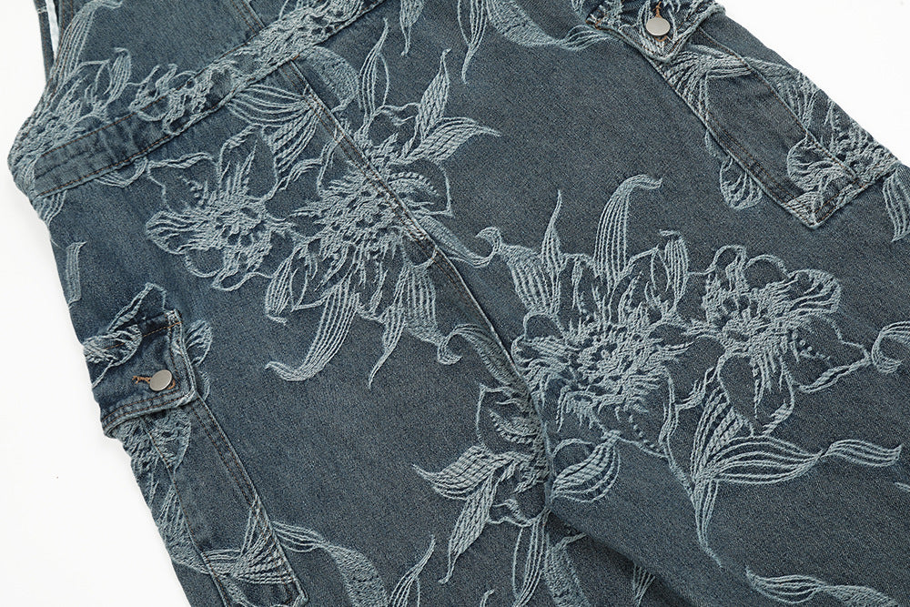 Men's Flower Jacquard Denim Suspender Overalls