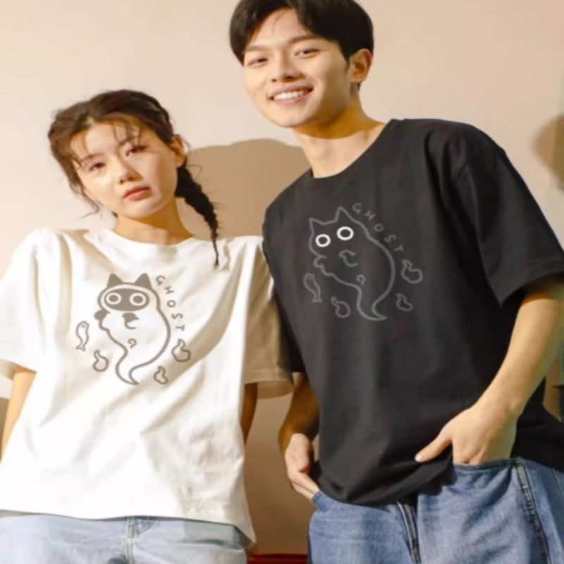 Loose-Fit Cotton Tee with Cat Ghost Design – Comfortable & Playful