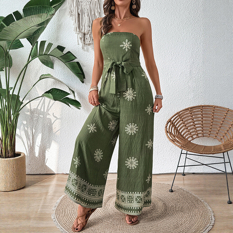 Casual Resort Style Strapless Ethnic-Print Loose Jumpsuit For Women