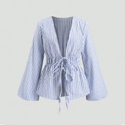 European And American Style Striped Long-sleeve Tie-waist Women's Shirt
