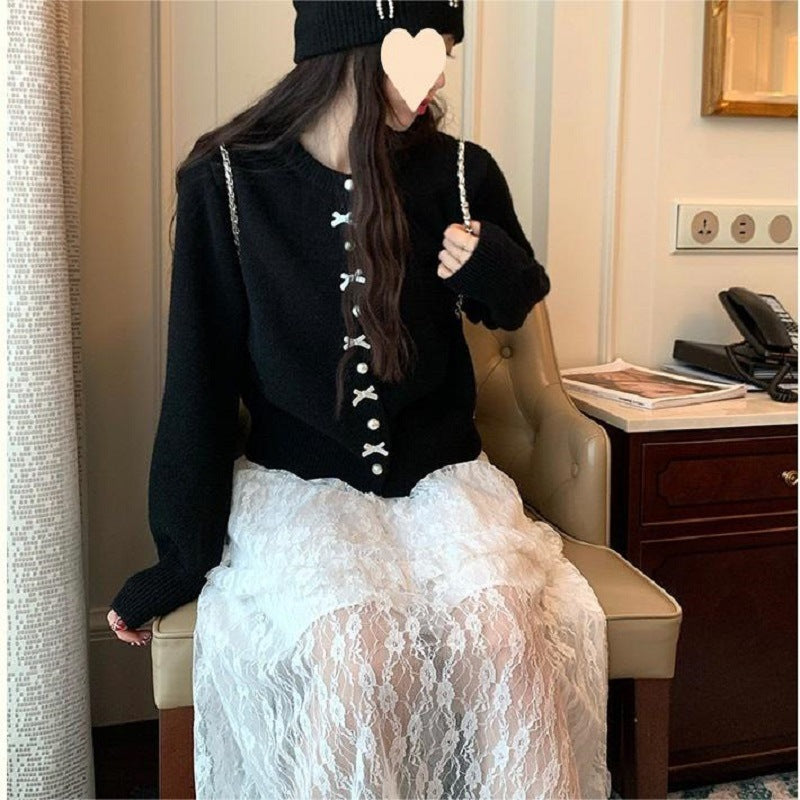 Women's Solid Color Spring and Autumn Bow Pearl Button Sweater