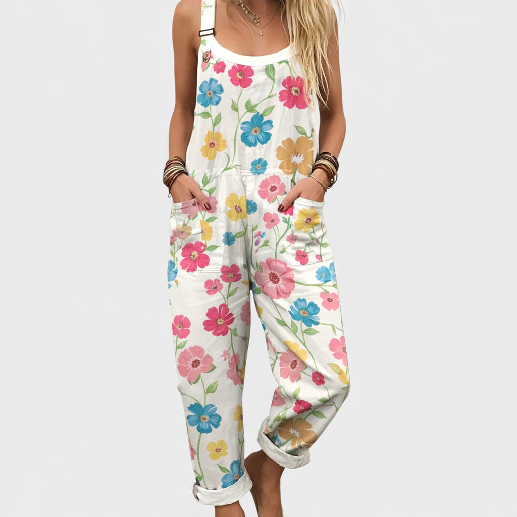 Womens Digital 3D-Printed Buttoned Suspender Jumpsuit