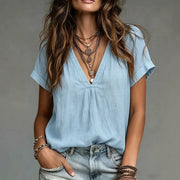 Loose-fit V-neck Short-sleeve Casual Solid-color Shirt