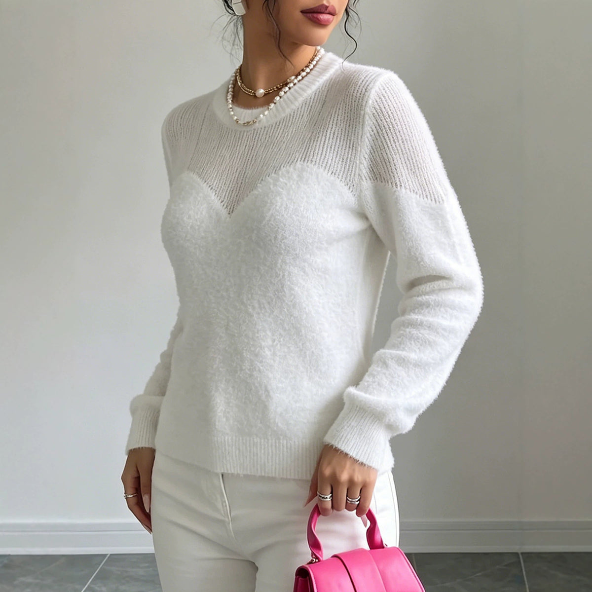 Womens Long-sleeve Knitted Sweater with a Round Neckline and a Full-circle Cutout Design Around the Chest