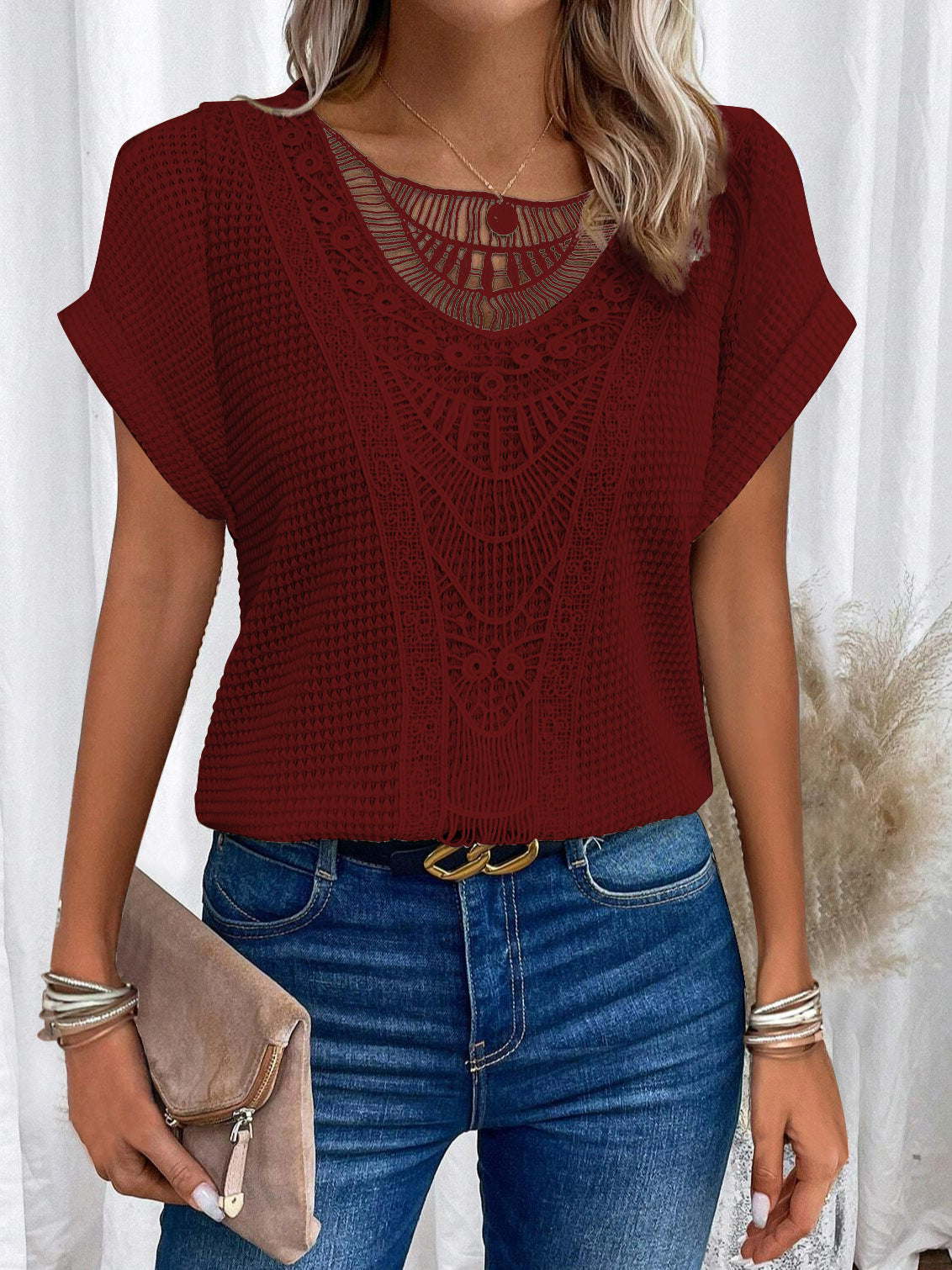 Independent Site Hollowed Lace Patchwork Plus-size Short-sleeve T-shirt Cross-border