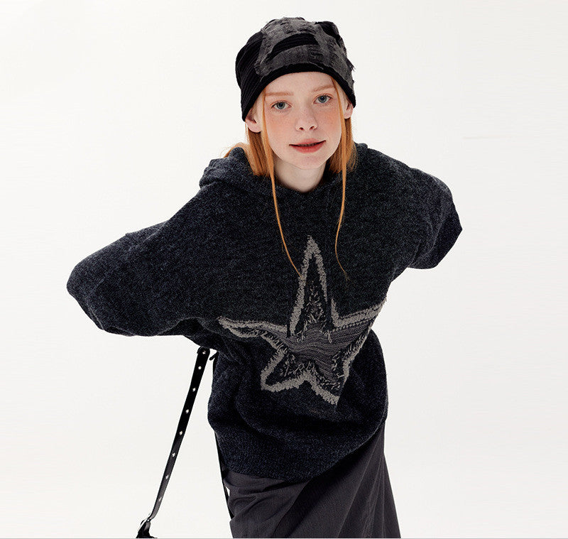 Star Jacquard Oversized Hooded Knit Sweater