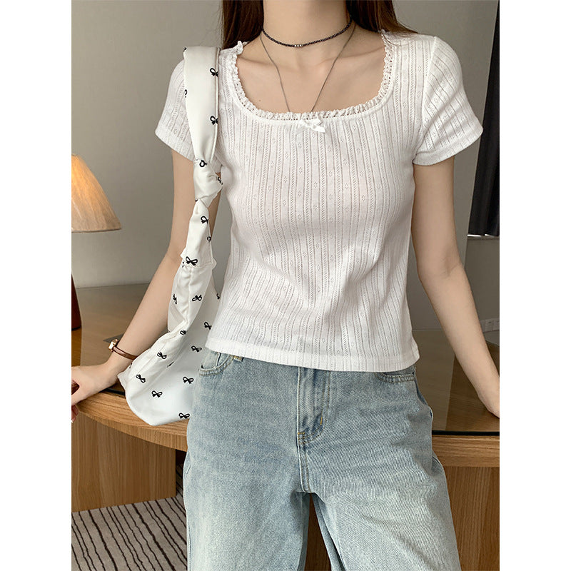 U Collar Lace Short-sleeved T-shirt Slim-fit Floral Top
