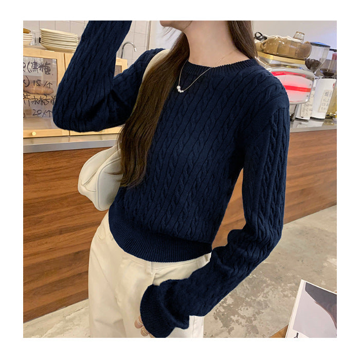Ladies' Loose Twisted Round Neck Solid Color Sweater
