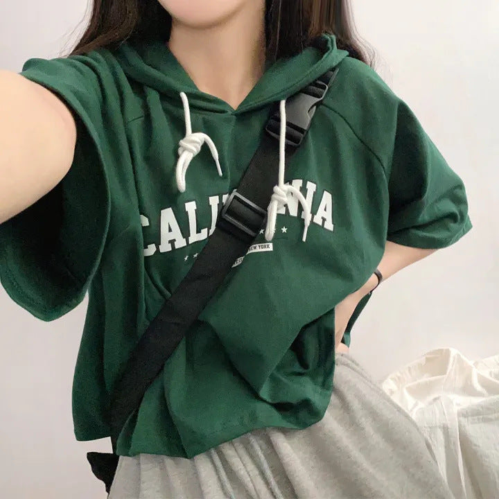 Casual Letter Print Short Sleeve Hooded Tee