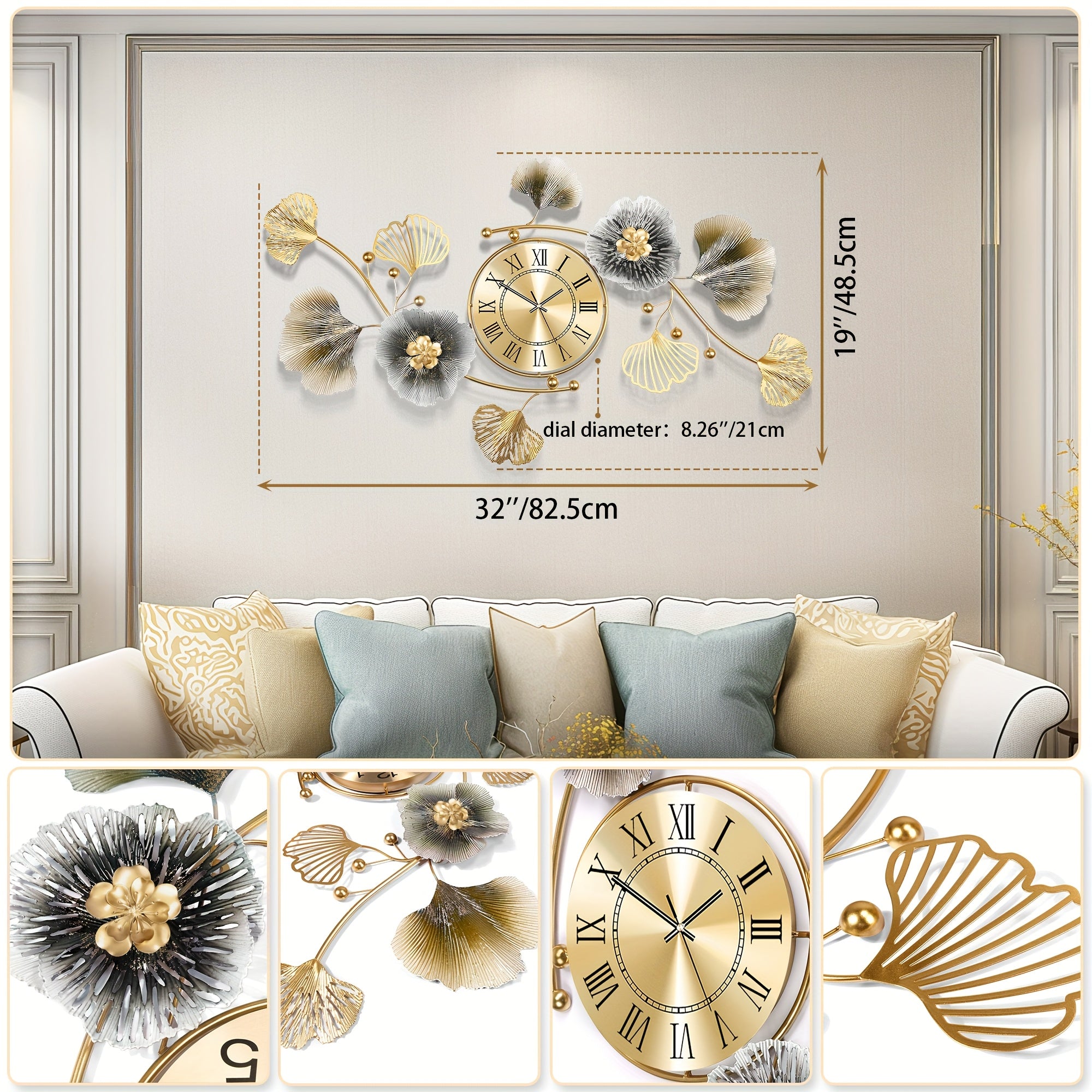 Wall Clocks for Living Room Decor, Large Wall Clock, 3D Creative Metal Ginkgo Leaf Design, with Silent Movement Wall Clocks for Home Wall Decor Clock