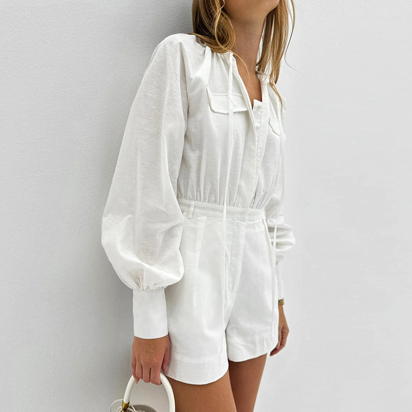 Chic White Cotton Puff Sleeve Romper