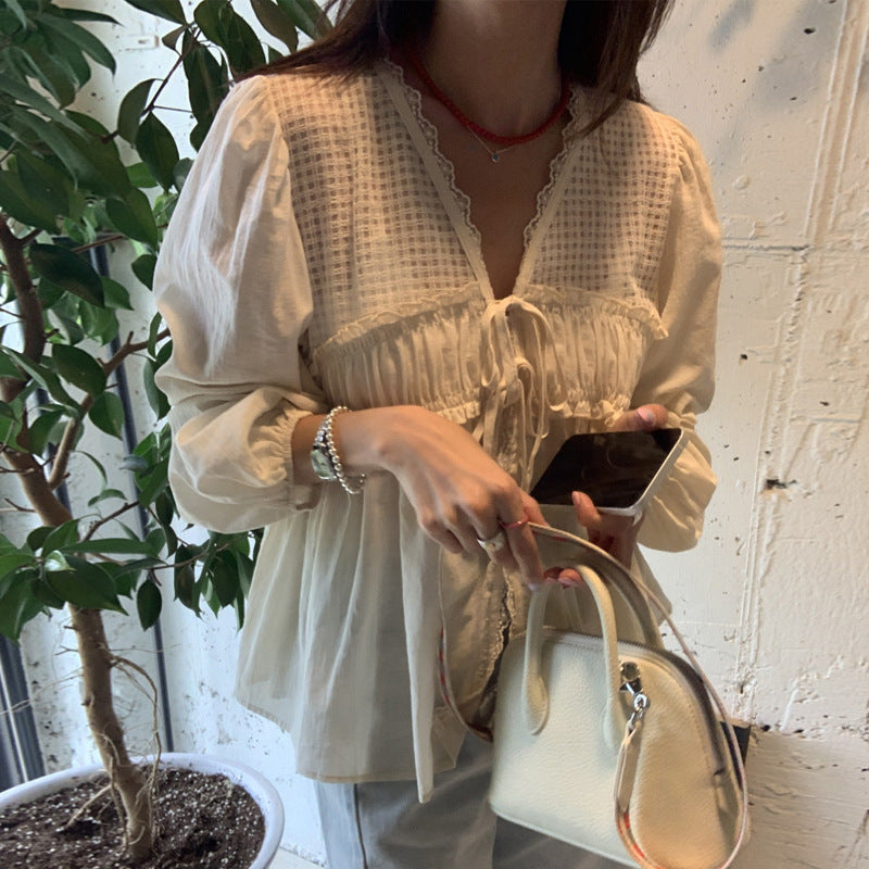 New Retro Elegant V-neck Mesh Wooden Ear Stitching Tied Loose All-matching Shirt Women