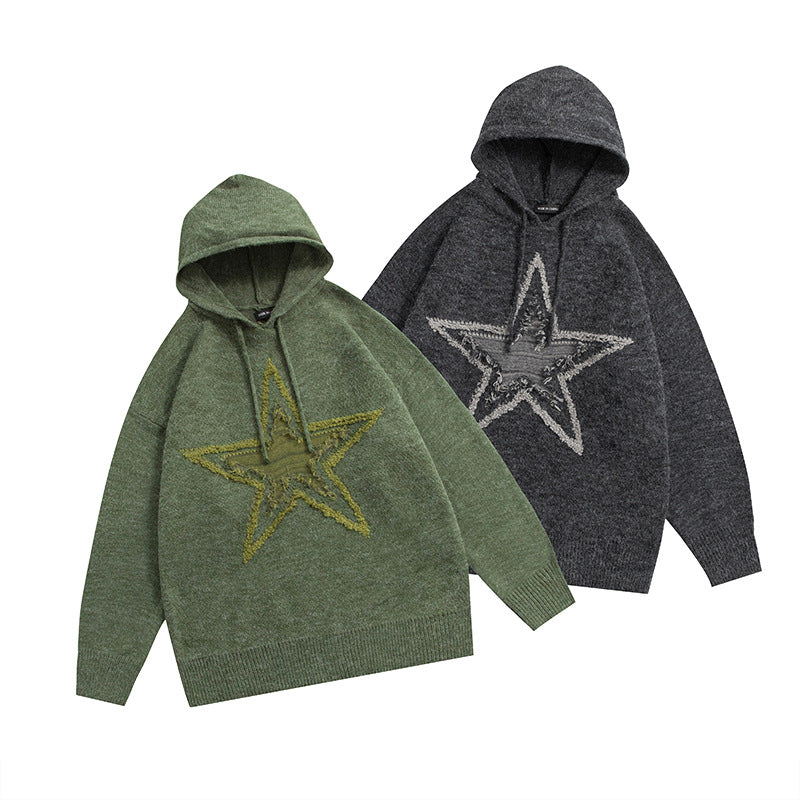Star Jacquard Oversized Hooded Knit Sweater
