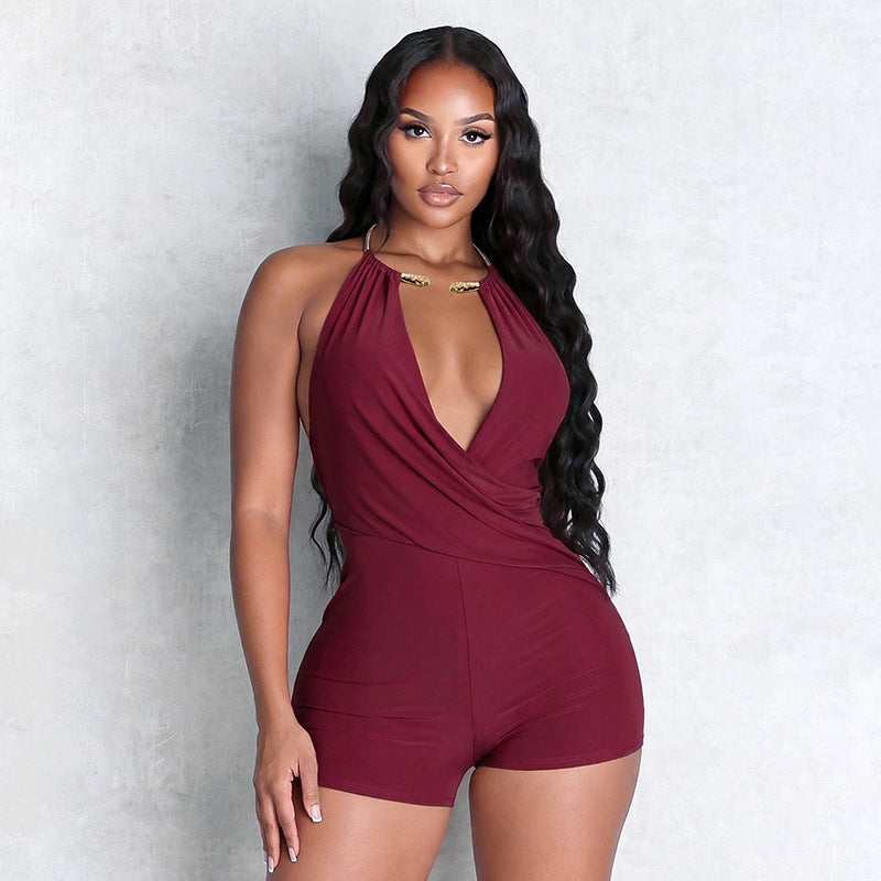 Backless Halter One-Piece Romper Shorts