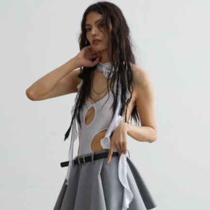 Metallic Silver Cutout Stretch Halter Bodysuit