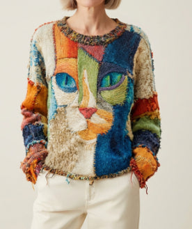 Full Printed Spring and Autumn Pattern All-match Round Neck Long Sleeve Knitted Loose Sweater