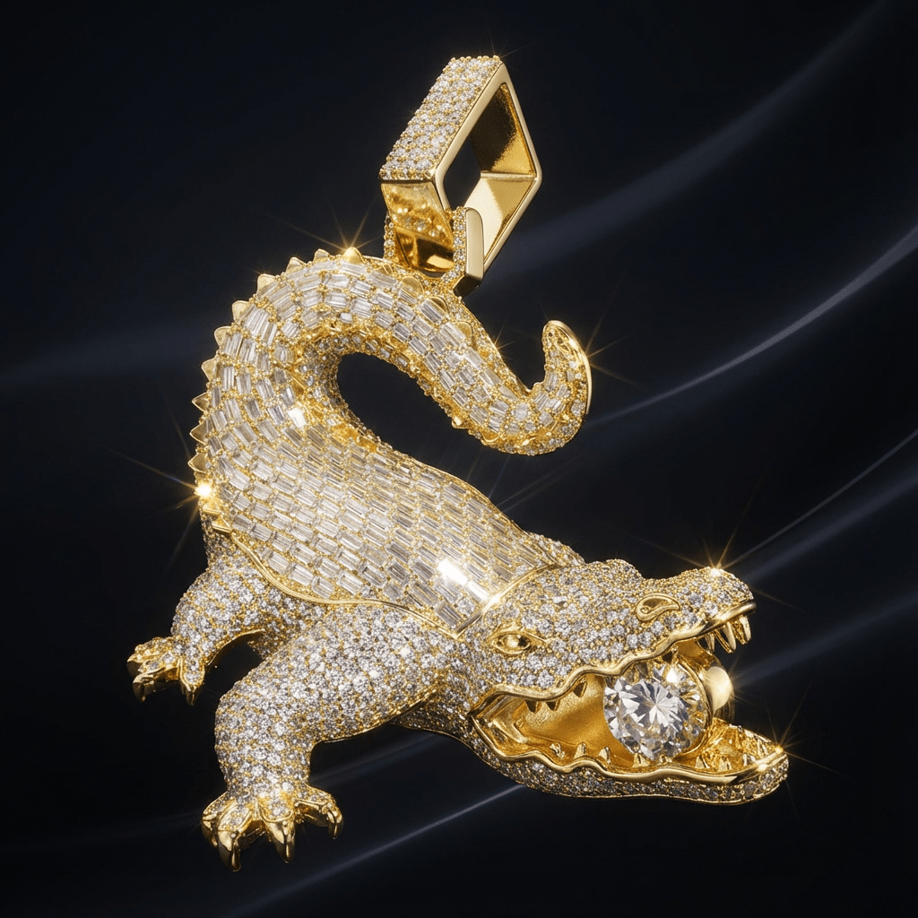 Crocodile Pendant Necklace with 3D Animal Design and 4 mm Rope Chain