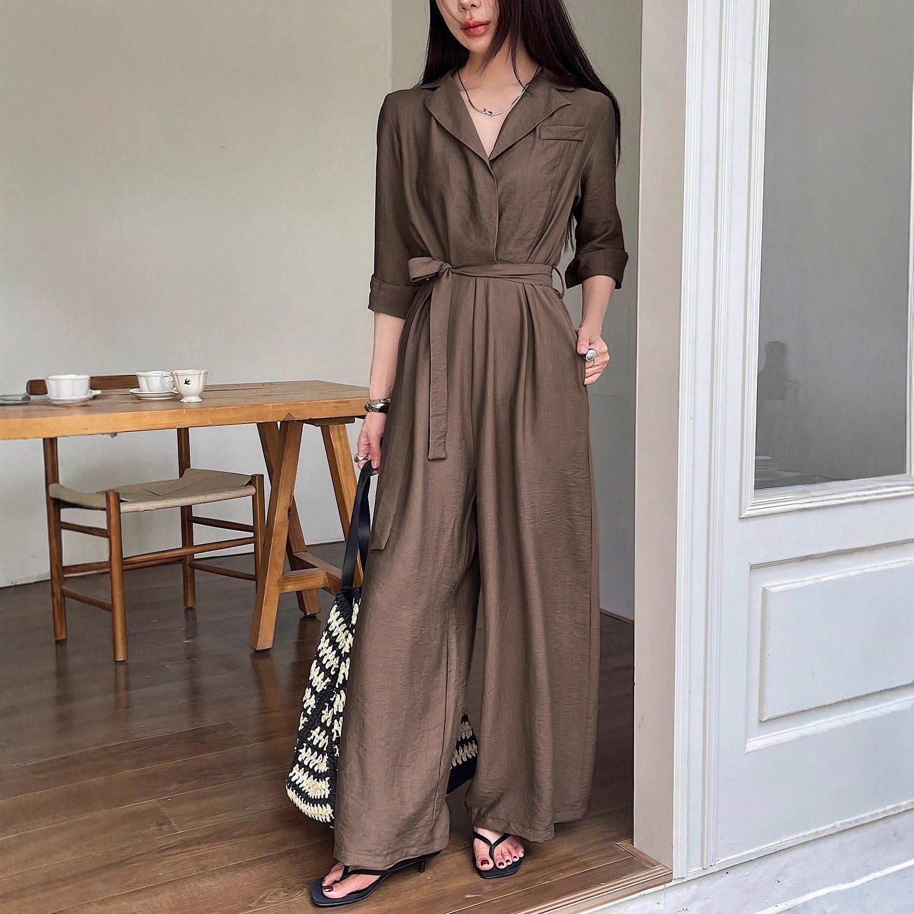 Elegant V-Neck Lace-Up Wide-Leg Jumpsuit