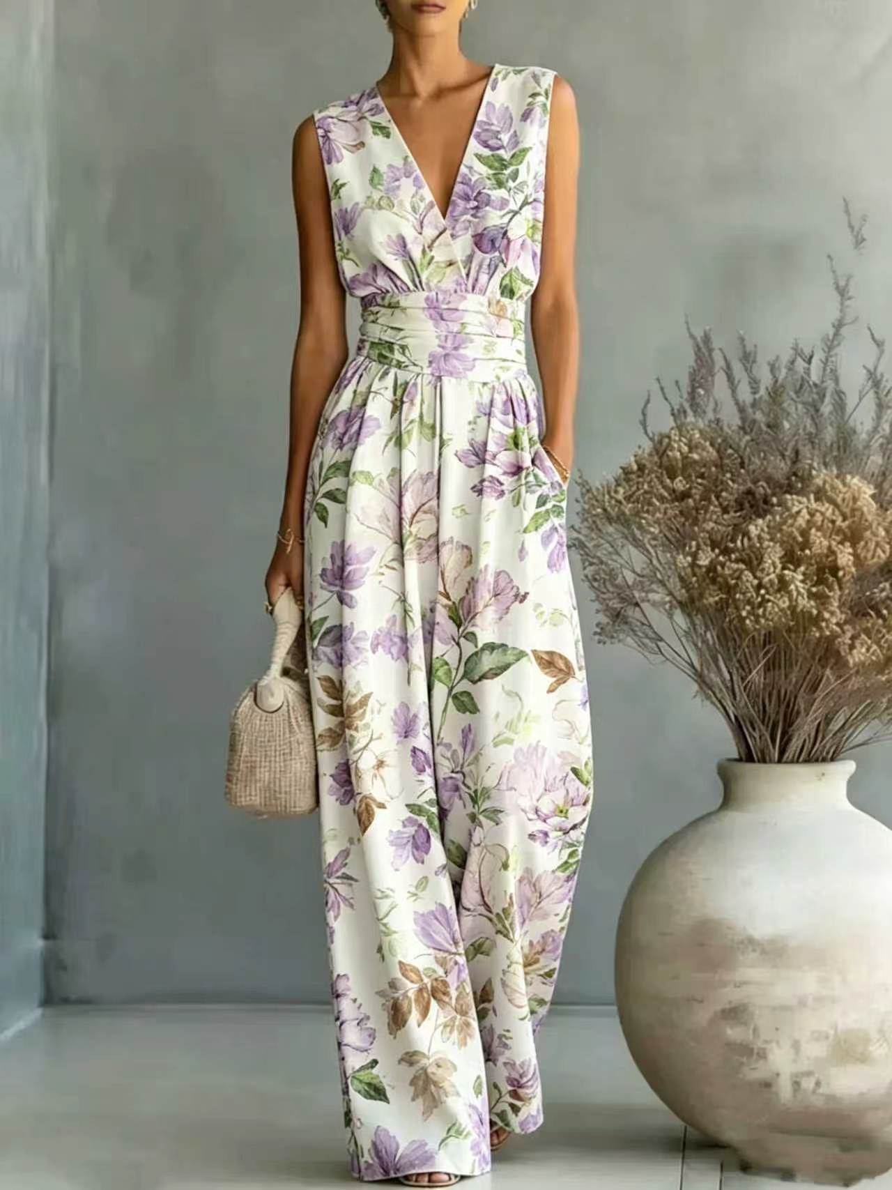 European And American-style Deep V-neck Sleeveless Printed Jumpsuit
