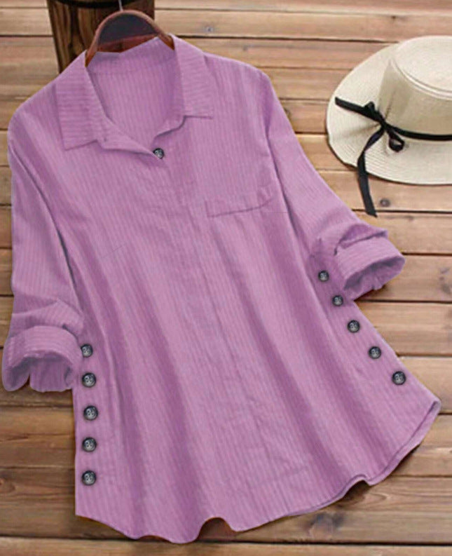 New Women's Solid Color Striped Button Top
