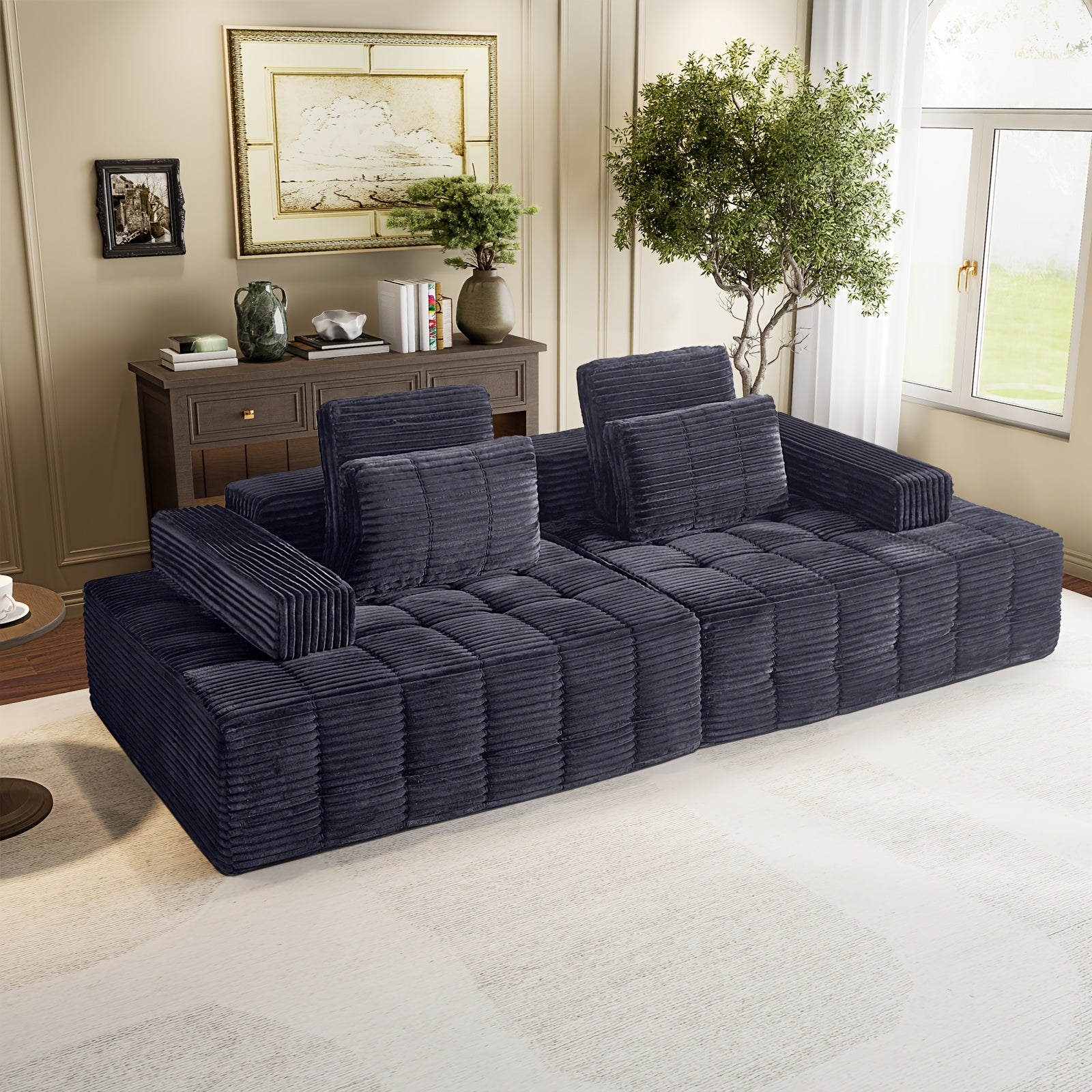 Modular L-shaped chaise longue sofa bed with deep seat and corduroy upholstery
