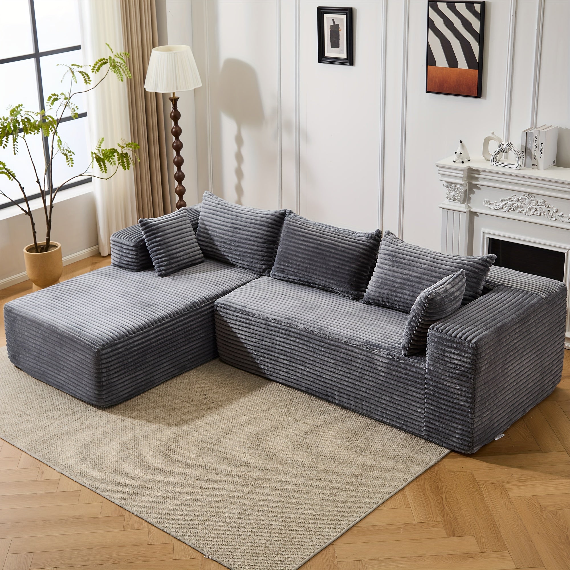 Modular L-shaped chaise longue sofa bed with deep seat and corduroy upholstery