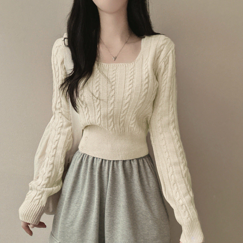 Retro Twist Knitted Sweater Single Row Button Square Collar Solid Color Underwear Top