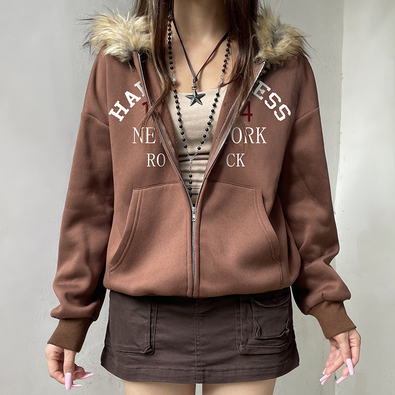 Retro Fur Collar Hooded Zipper Sweatshirt