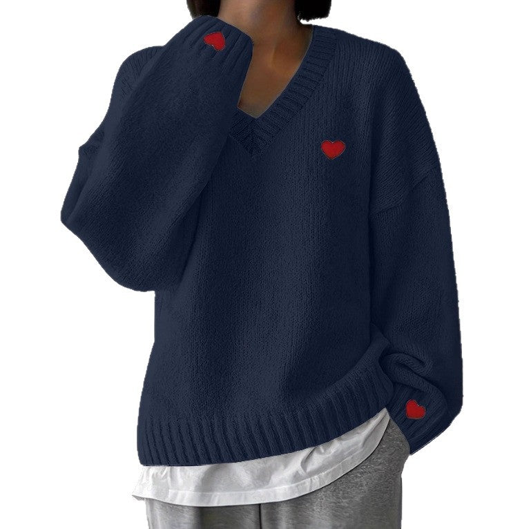 Womens Loving-heart Embroidered V-neck Sweater