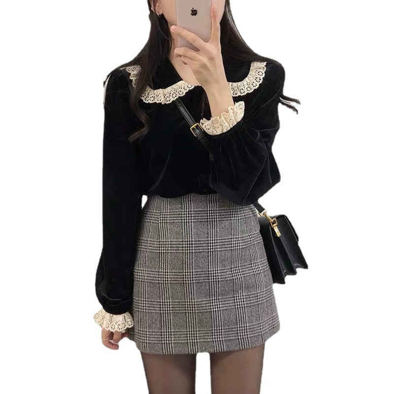 Velvet Lapel Single Breasted Lace Stitching Shirt