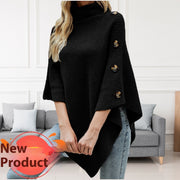 Autumn and Winter New Solid Color Turtleneck Shawl Cape Slit Knit Sweater