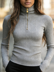 Retro Slim-Fit Half-Zip Turtleneck Knit Top for Women