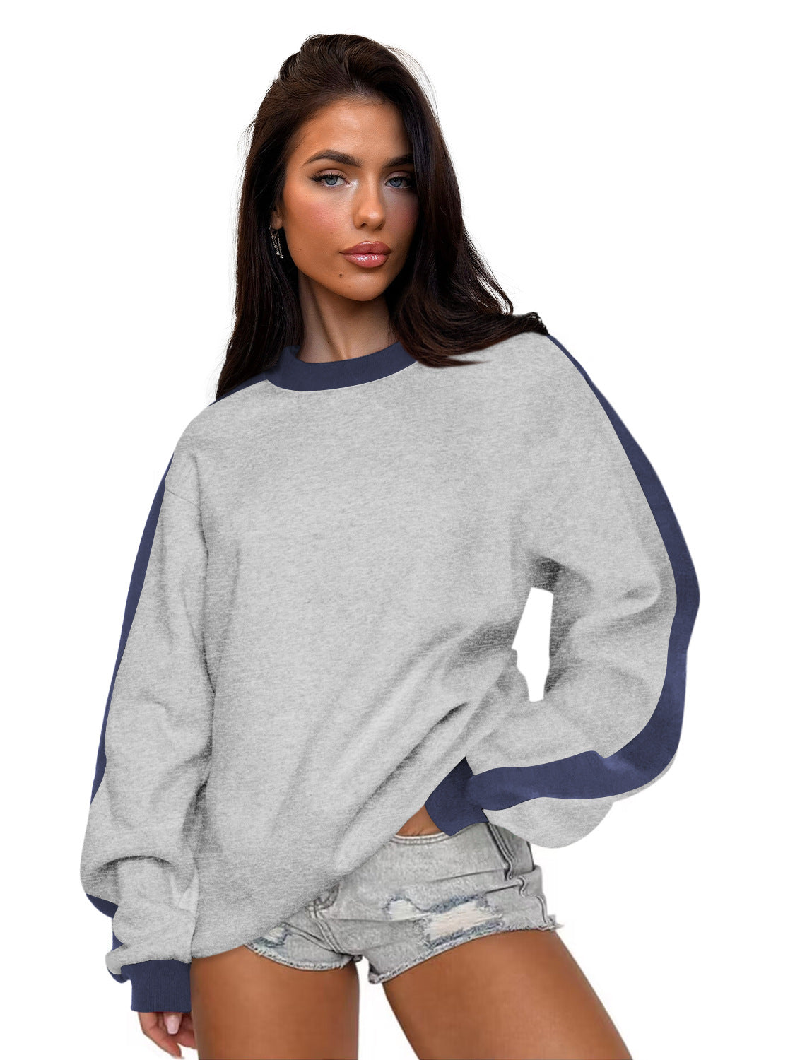 Women's Contrast Color Loose Round Neck Long-Sleeve Sweater