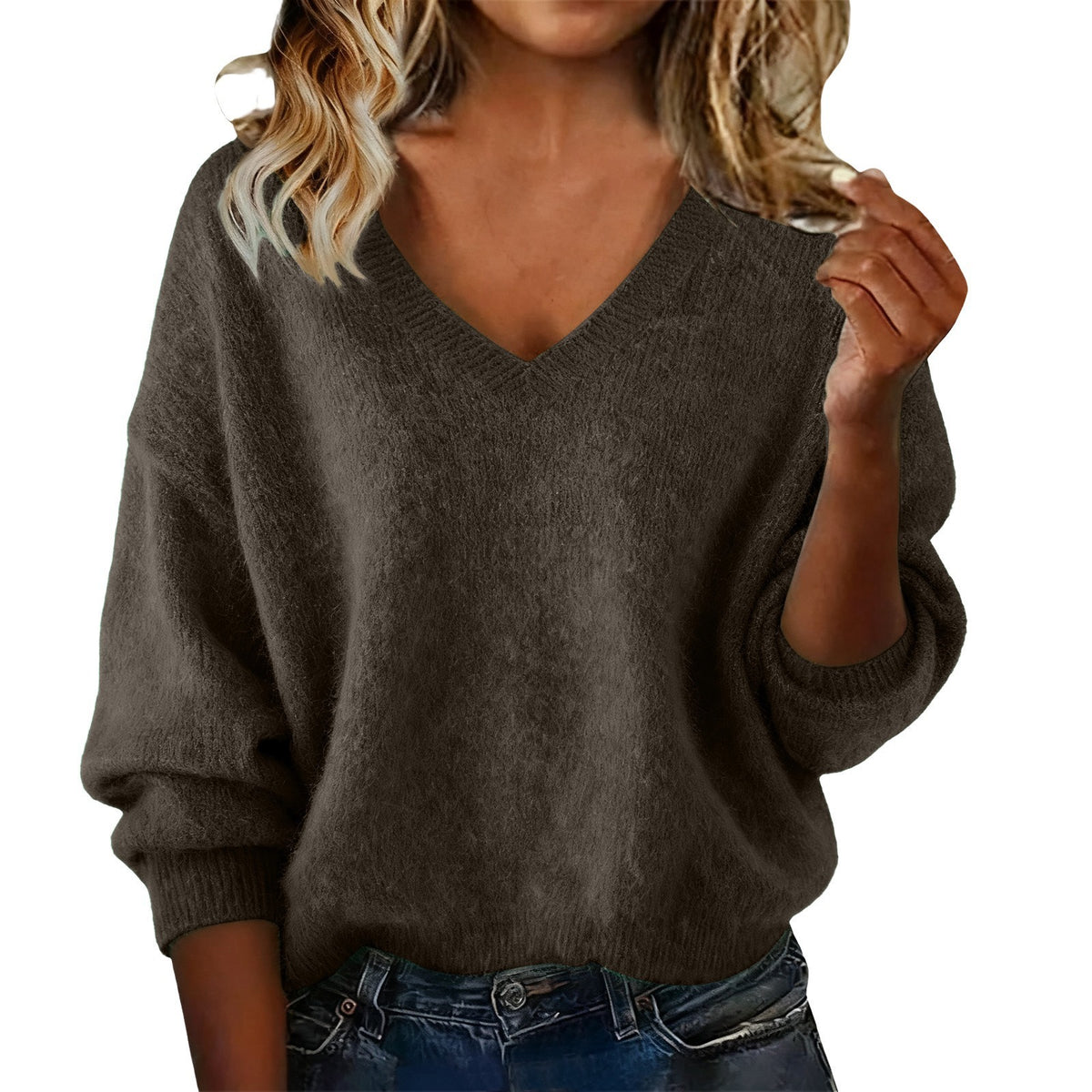 Women's New Autumn & Winter Solid Color V-neck Long Sleeve Knit Sweater, Loose Casual Tops