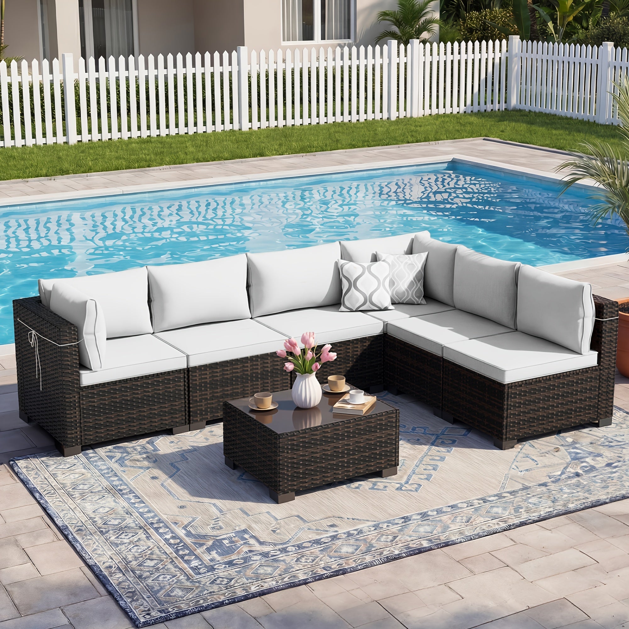 [Outdoor Patio Sets] LEVELEVE 6/7/9pcs All-Weather Outdoor Patio Furniture Sets, Rattan Conversation Sectional Set, Manual Weaving Wicker Patio Sofa with Tea Table