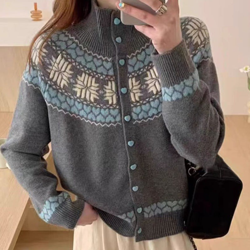 Korean Style Ethnic Inspired Jacquard Knit Cardigan for Women Autumn and Winter