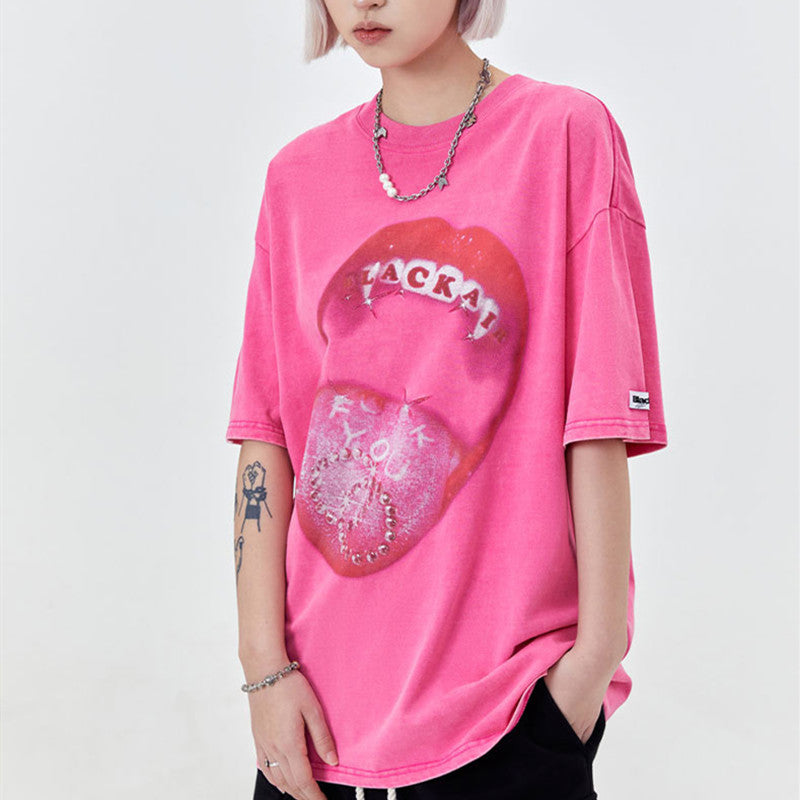 Retro Red Lips Print Men's Casual Streetwear T-Shirt