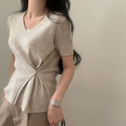 Elegant V‑Neck Split‑Waist Short‑Sleeve Sweater – Summer Chic
