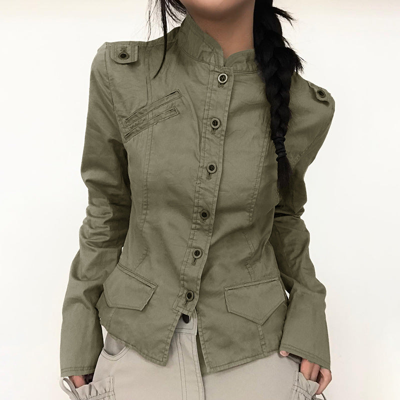 Womens Retro Buttoned Waist-Cinching Stand-Up Collar Coat