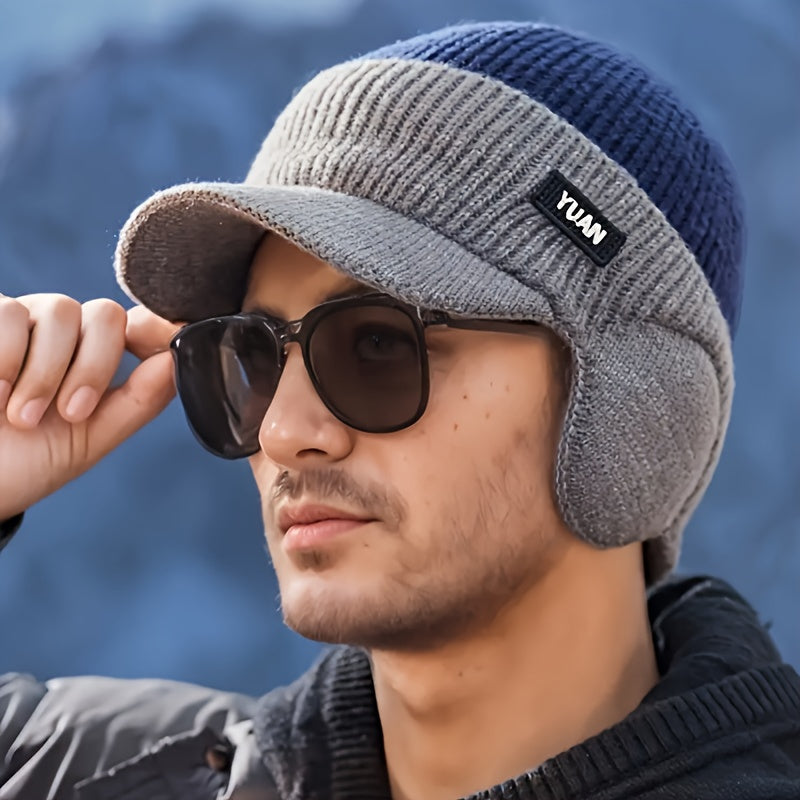 Men's Winter Lined Thick Knit Hat with Ear Flaps and Color‑Block Sun Visor – Cold‑Weather Outdoor Travel