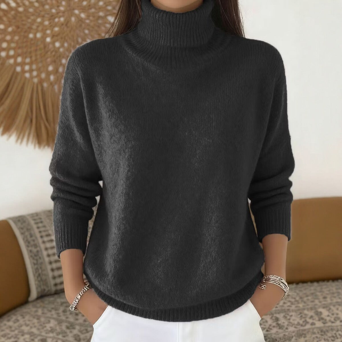Womens Loose-fitting Solid-color Turtleneck Pullover Knit Sweater