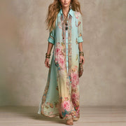 Fashion Cross-border New Baroque-style Mint Green Chiffon Floral Long Dress